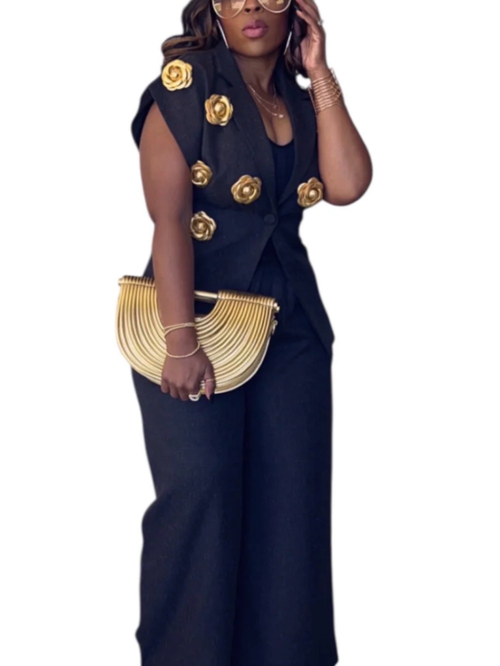 Charcoal Wide-Leg 2 Piece Suit with Gold Floral Accents